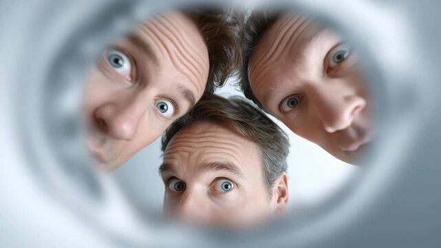 Three men are looking at the camera with their eyes wide open. The image has a playful and lighthearted mood, as if the men are trying to capture a funny moment