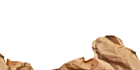 Mountain landscape, snowing sky conceptual, cut out. Paper sheets as mountain peaks and snow, isolated. Brown paper scraps, crumpled paper. Sustainability, New Year goals. PNG