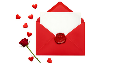 Red envelope with a heart shaped seal floating hearts and a rose on transparent background.