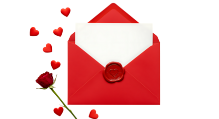 Red envelope with a heart shaped seal floating hearts and a rose on transparent background.