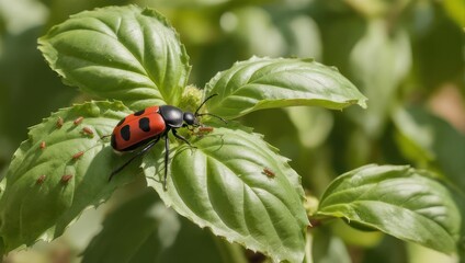 Close-up of a red and black beetle on green basil leaves with small red bugs