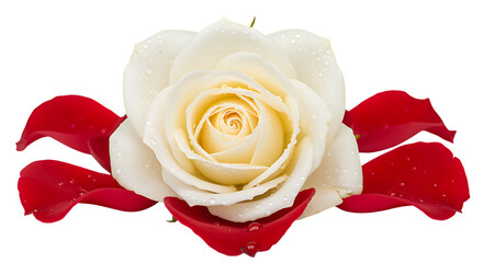 A delicate white rose with scattered red petals beautifully isolated on transparent background.