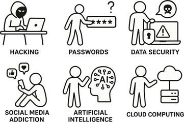 Fototapeta premium Stick Figure Line Icons Illustrating Cybersecurity and Digital Technology Concepts Including Hacking, Password Protection, Data Security, Social Media Addiction, Artificial Intelligence, and Cloud Com