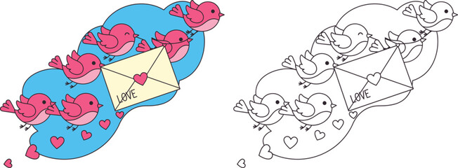 Cute Cartoon Birds Flying with Love Letter and Hearts Valentines Day Illustration