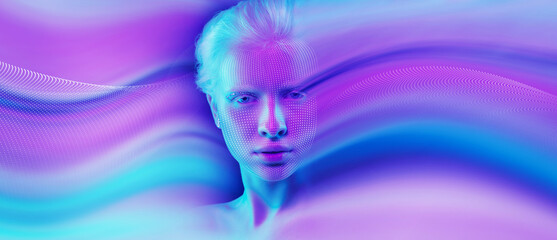 Surreal design of human face blended with flowing abstract digital waves. Concept of tech marketing visuals, digital services promo, future themed ads, startup branding, website background design.