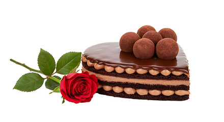 A delicious chocolate heart shaped cake with truffles and a red rose on transparent background.