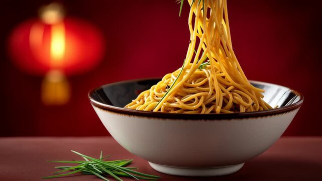 A bowl of noodles with green herbs on top. The bowl is on a table and the noodles are being eaten with chopsticks