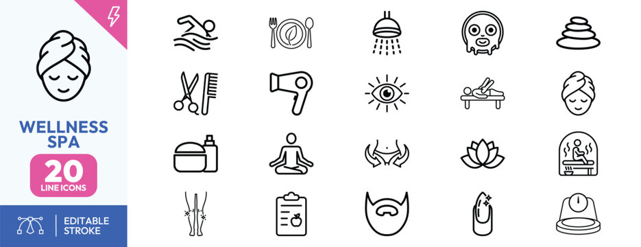 Wellness Spa Line Icons Set for Beauty and Health