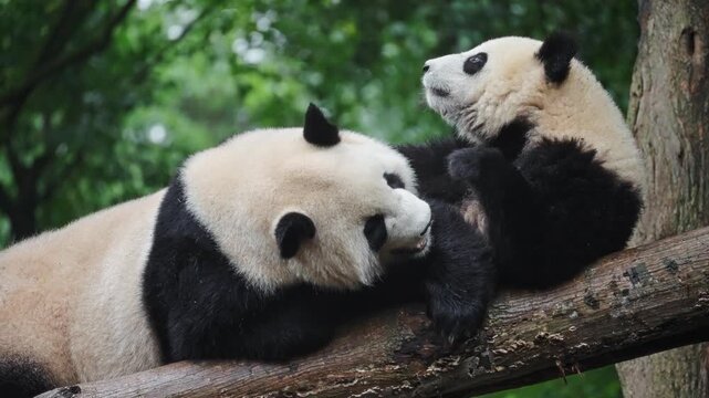 Serene Scene Of Two Pandas Bonding Closely Through Grooming And Playful Interaction In Forest