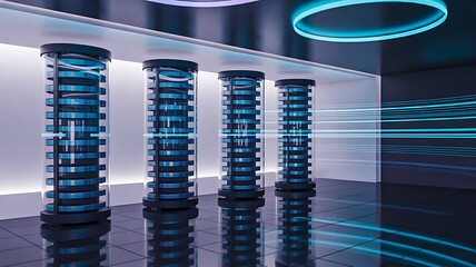 Futuristic Data Servers with Blue Light Trails Representing High-Speed Digital Processing
