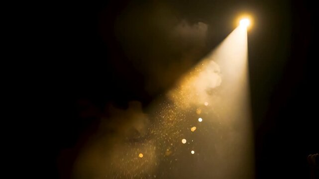 Single warm spotlight cutting through dark space with floating dust particles and soft haze creating a dramatic minimal cinematic lighting scene