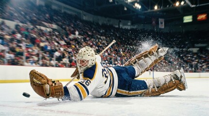 Ice hockey goalkeeper diving to block puck during match. Concept of defensive skill promo, sports action ads, training visuals, professional hockey marketing, competitive performance content.