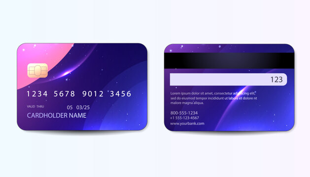 Vector credit card template with front and back views, glowing gradient waves and magnetic stripe. Modern banking and payment design for finance presentations and digital commerce.
