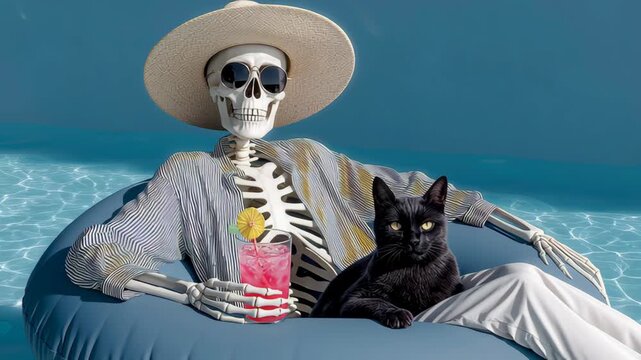 A skeleton is sitting on a pool float with a cat on it. The skeleton is holding a drink and a straw