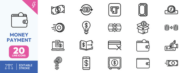 Money payment icons set for business finance and banking