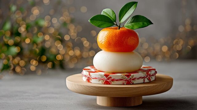 A stack of orange and white pastries on a wooden tray. The pastries are topped with a single orange slice and a leaf. Concept of celebration and indulgence