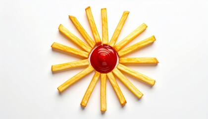 French fries arranged radially around a white bowl of glossy red ketchup, resembling a flower on white background.