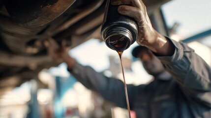 Focused medium shot of a technician carefully changing oil beneath a truck capturing oil drip details with the rest of the maintenance bay out of focus.
