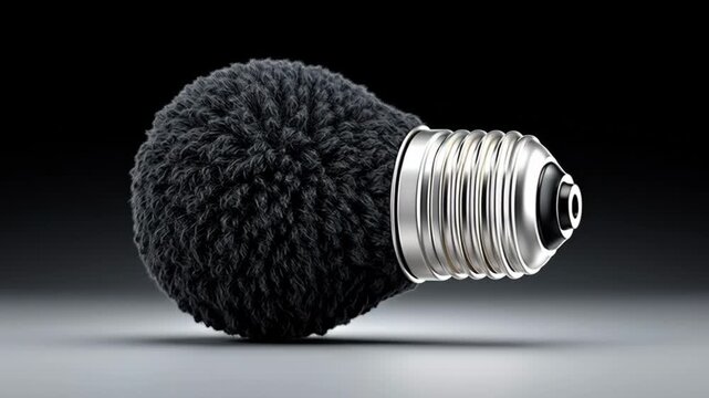 A black light bulb with a fuzzy texture. The bulb is not lit and is sitting on a grey surface