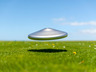 Mysterious silver flying saucer hovering over green grass under a clear blue sky, evoking themes of extraterrestrial life and advanced technology.