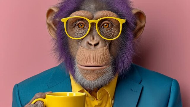 A monkey wearing glasses and a suit holding a yellow cup. The monkey has purple hair. The image is of a cartoon monkey