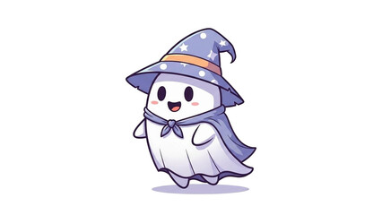 Cute cartoon ghost wearing a black witch hat and cape for Halloween