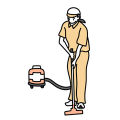 清掃員が掃除機を使って床を清掃する様子を描いたイラスト｜施設やオフィスの清潔を保つ日常業務を表現した親しみやすい人物