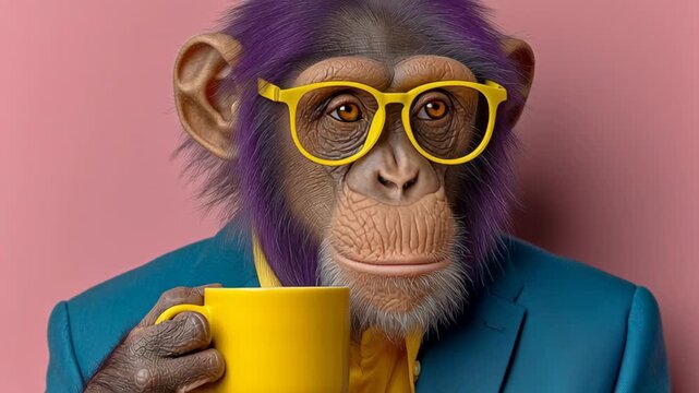 A monkey wearing glasses and a suit holding a yellow cup. The monkey has purple hair