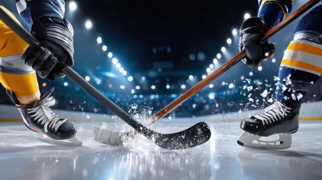 Ice hockey faceoff close view with skates sticks and puck. Concept of game opening moments, hockey education visuals, referee rule explanations, sports broadcast graphics, league promotion.