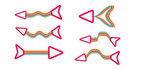 Vector set of arrows with colorful striped paths, double-sided and single-sided arrows, wavy and straight lines, fun and playful design, vector