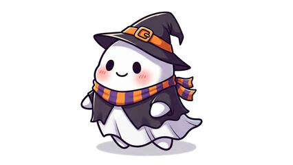 Cute cartoon ghost wearing a black witch hat and cape for Halloween