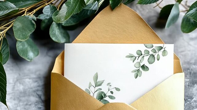 A blank wedding invitation card with a botanical leaf design in a gold envelope. Elegant stationery mockup with copy space. Celebration and announcement concept