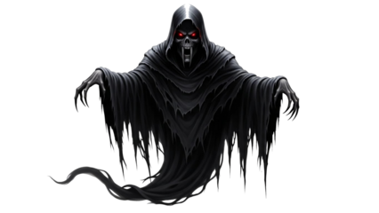 Cute cartoon ghost wearing a black witch hat and cape for Halloween