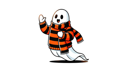 Cute cartoon ghost wearing a black witch hat and cape for Halloween