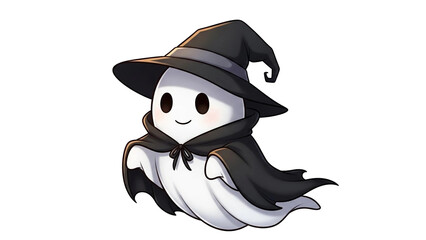 Cute cartoon ghost wearing a purple witch hat for Halloween.