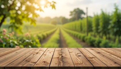 Empty Wooden Tabletop with Blurred Green Organic Farm Background for Natural Product Display Montage