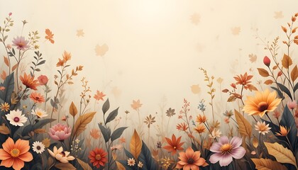 Vector Abstract Floral Eco-Herbal Background Set with Seasonal Leaves and Flowers for Banners, Posters, Covers, and Wallpapers