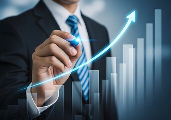 Businessman suittie handing professional interacting with a glowing upward trend graph symbolizing growth
