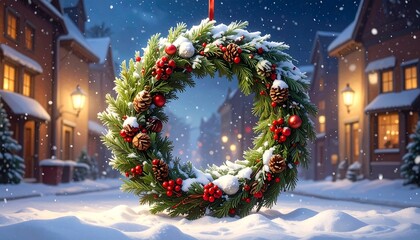 Snowy Christmas wreath view