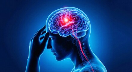 Human brain pain concept with glowing red highlight and connected spinal cord