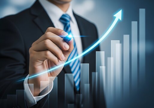 Businessman suittie handing professional interacting with a glowing upward trend graph symbolizing growth - Powered by Adobe