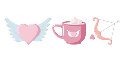 Valentine illustration with winged heart, pink mug of marshmallows and Cupid arrow in pastel style. Sweet romantic design for cards, decor, invitations and festive themes