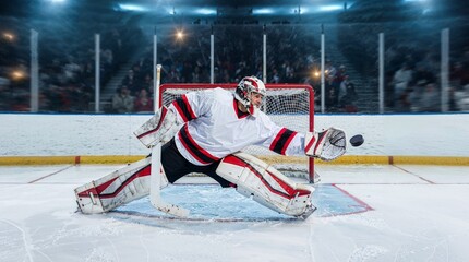 Ice hockey goalkeeper diving to stop puck in front of goal. Concept of defensive skills promo, goalkeeper training visuals, sports action ads, hockey broadcast highlights, equipment marketing.