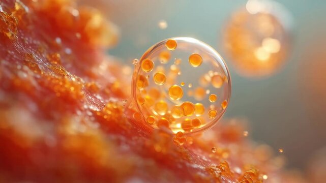 Microscopic view of human fat cells with orange adipose tissue and lipid droplets in a biological visualization highlighting cellular metabolism, lipids and energy storage in health science
