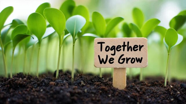 Seedlings growing in rich soil with motivational sign, agricultural growth concept, teamwork and collaboration, nurturing plants, environmental sustainability, green nature background