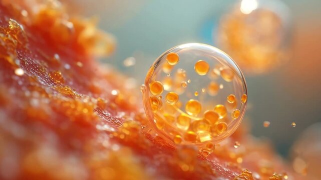 Microscopic adipose tissue close up, fat cells lipid droplets visualization adipocytes structure detail, cellular metabolism concept, human body fat science, medical biology metabolic health research