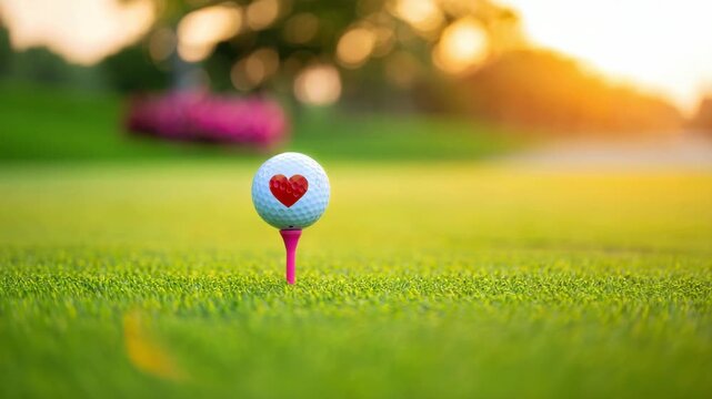 Golf ball perched on a bright pink tee on a lush green course during sunset, heart shaped cavity visible in the ball, soft bokeh background, calm outdoor sport moment under warm light glow
