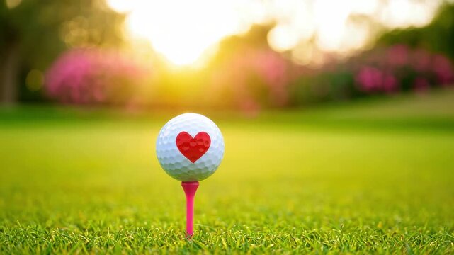 Golf ball with red heart on pink tee at sunrise on manicured green, love motif on sport equipment, outdoor leisure scene, valentine detail, warm golden bokeh background, morning light, dew