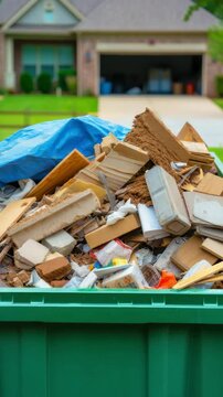 Construction debris in green dumpster outside suburban residential home, waste management disposal renovation, building material recycling, home improvement cleanup, refuse collection