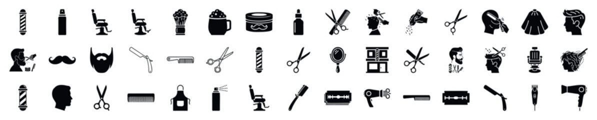 A collection of black silhouette icons representing barbershop equipment and hairstyling services. Ideal for salon branding, grooming websites, and mobile applications for mens care.